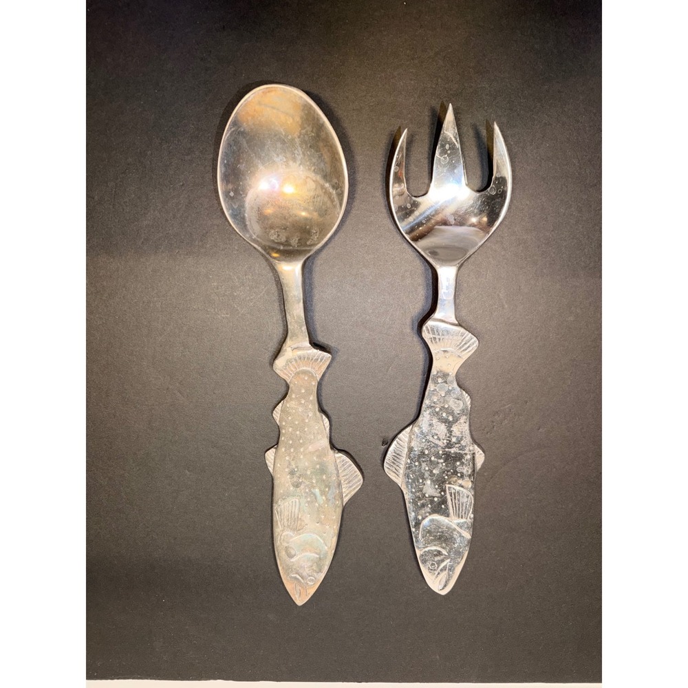 Vintage Fish Handle Salad Serving Set Silver Tone Metal Spoon Fork 12.5"